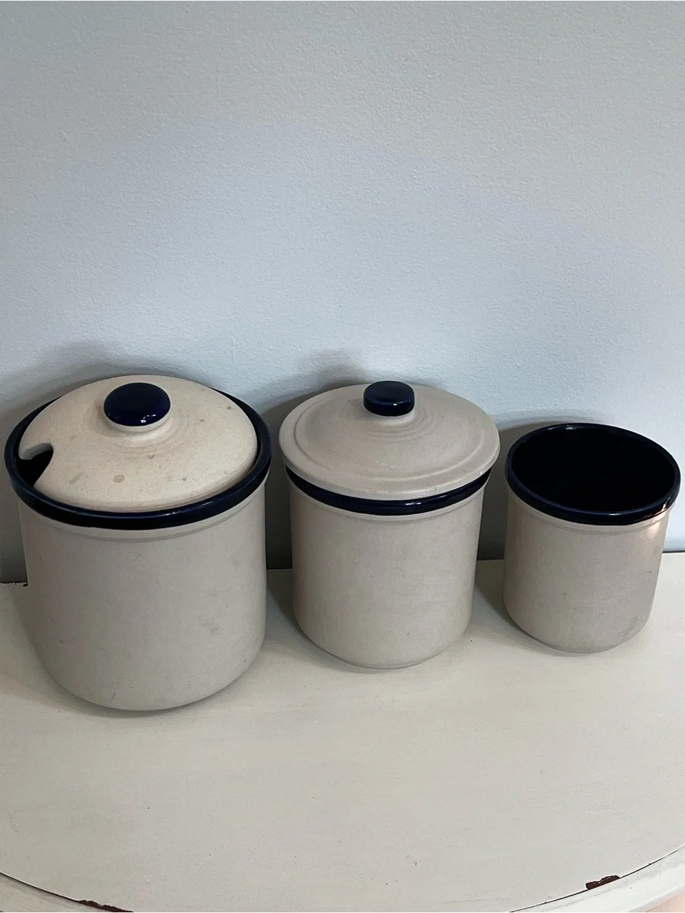 1982 Mountainside Stoneware Ceramic Canister Set with Navy Trim -3-Piece Storage
